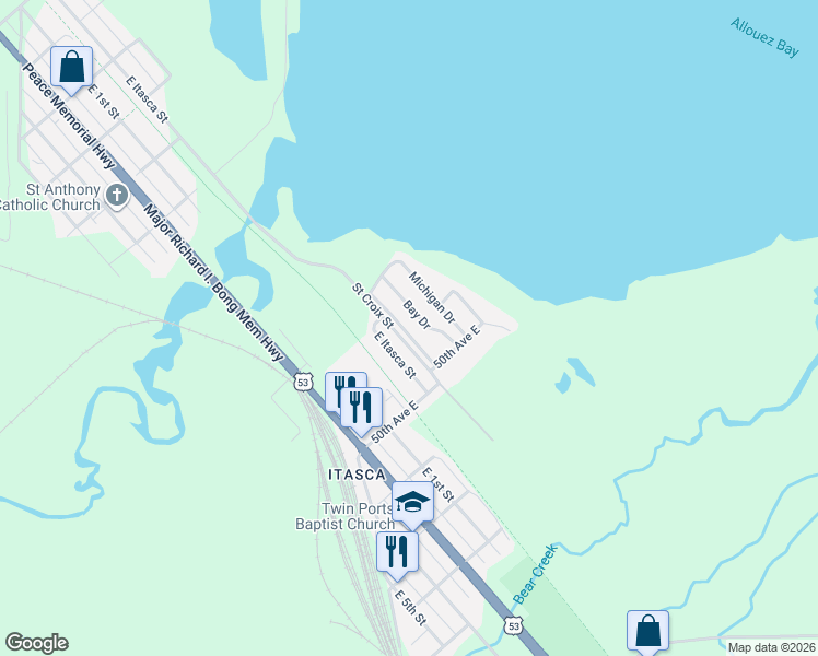 map of restaurants, bars, coffee shops, grocery stores, and more near 4938 Bay Dr in Superior
