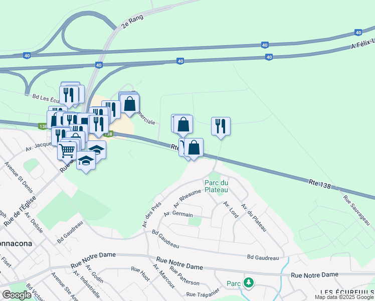 map of restaurants, bars, coffee shops, grocery stores, and more near 511 Route 138 in Donnacona