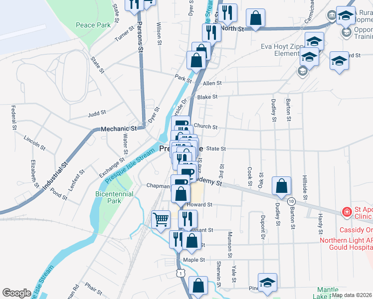 map of restaurants, bars, coffee shops, grocery stores, and more near 483 Main Street in Presque Isle