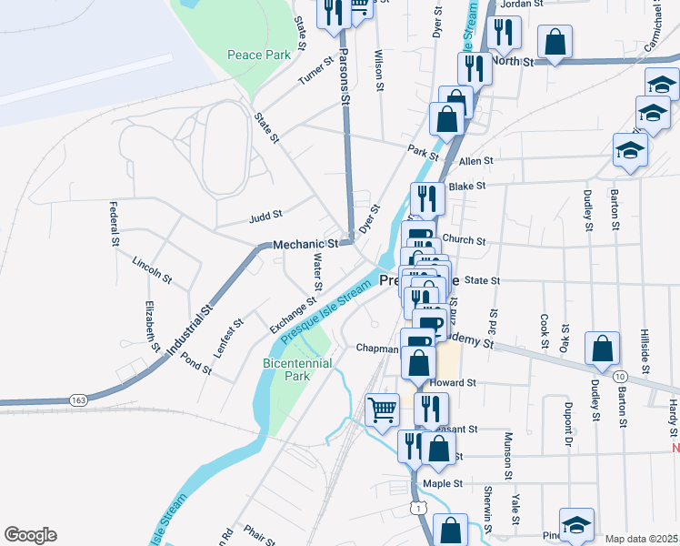 map of restaurants, bars, coffee shops, grocery stores, and more near 7 Exchange Street in Presque Isle