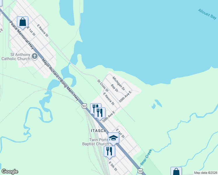 map of restaurants, bars, coffee shops, grocery stores, and more near 4938 Bay Dr in Superior