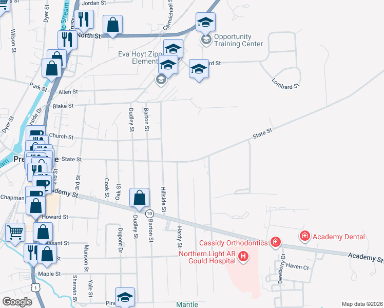 map of restaurants, bars, coffee shops, grocery stores, and more near 319 State Street in Presque Isle