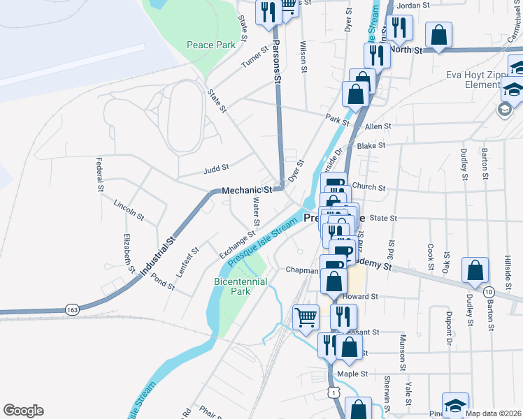map of restaurants, bars, coffee shops, grocery stores, and more near 12 Water Street in Presque Isle