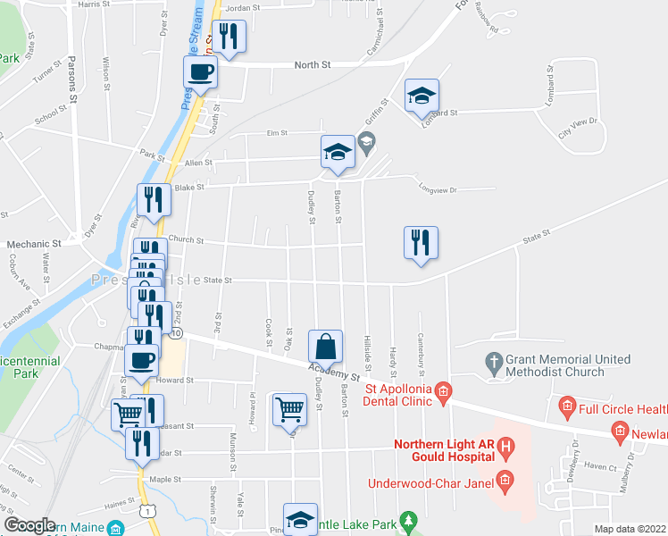 map of restaurants, bars, coffee shops, grocery stores, and more near 34 Barton Street in Presque Isle