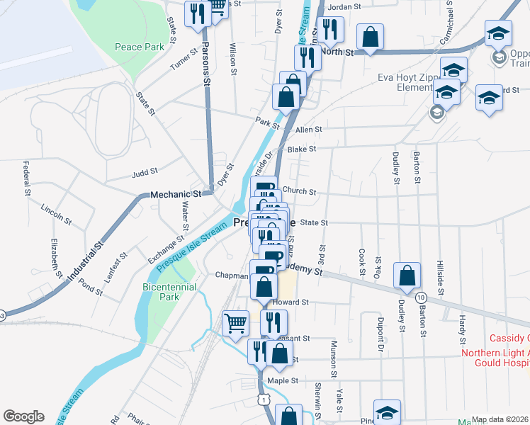 map of restaurants, bars, coffee shops, grocery stores, and more near 483 Main Street in Presque Isle