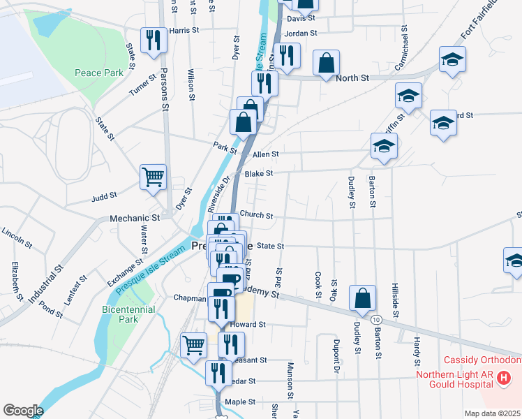 map of restaurants, bars, coffee shops, grocery stores, and more near 11 2nd Street in Presque Isle