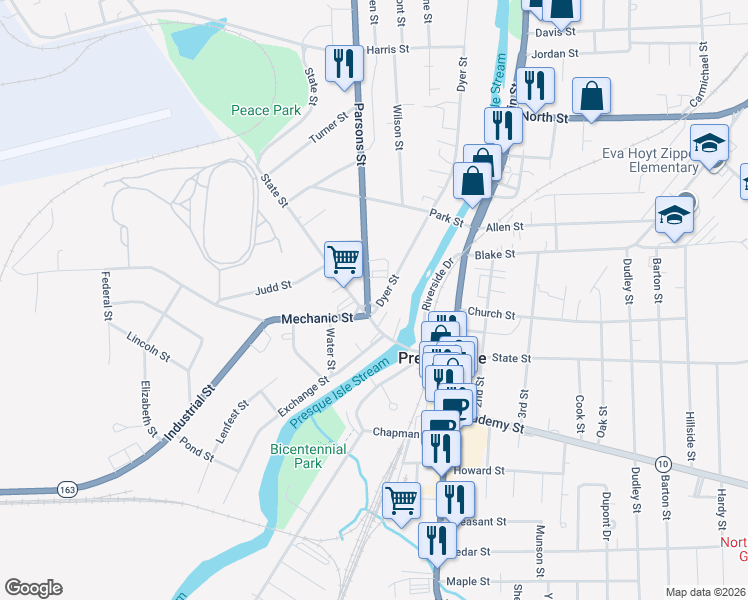 map of restaurants, bars, coffee shops, grocery stores, and more near 6 Parsons Street in Presque Isle