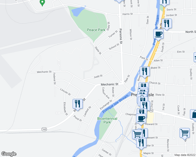 map of restaurants, bars, coffee shops, grocery stores, and more near 23 Judd Street in Presque Isle