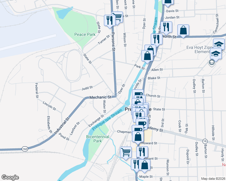 map of restaurants, bars, coffee shops, grocery stores, and more near 6 Parson Street in Presque Isle