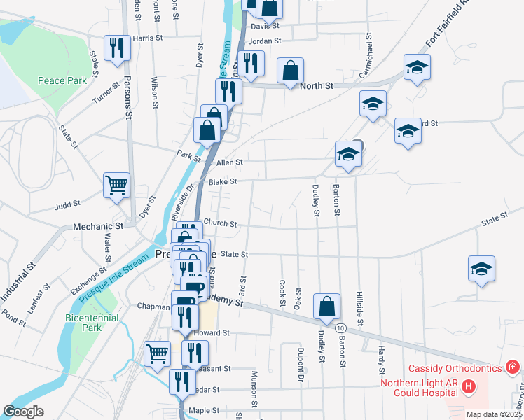 map of restaurants, bars, coffee shops, grocery stores, and more near 15 3rd Street in Presque Isle