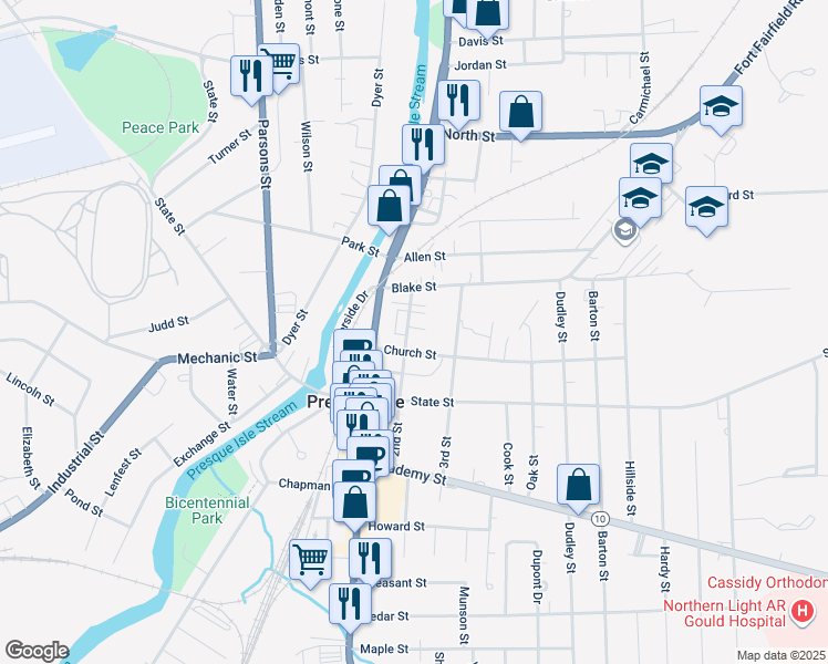 map of restaurants, bars, coffee shops, grocery stores, and more near 11 2nd Street in Presque Isle