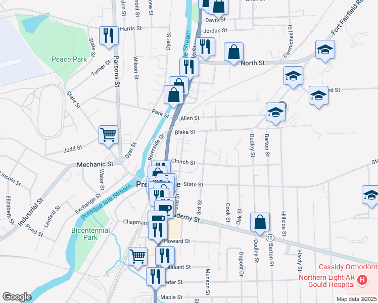 map of restaurants, bars, coffee shops, grocery stores, and more near 11 2nd Street in Presque Isle