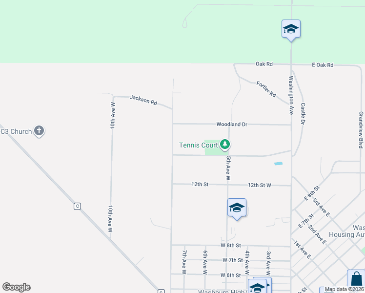 map of restaurants, bars, coffee shops, grocery stores, and more near 715 Hillside Drive in Washburn