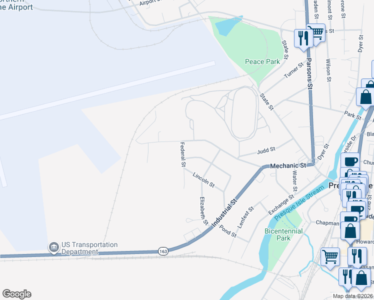 map of restaurants, bars, coffee shops, grocery stores, and more near 70 Ward Street in Presque Isle