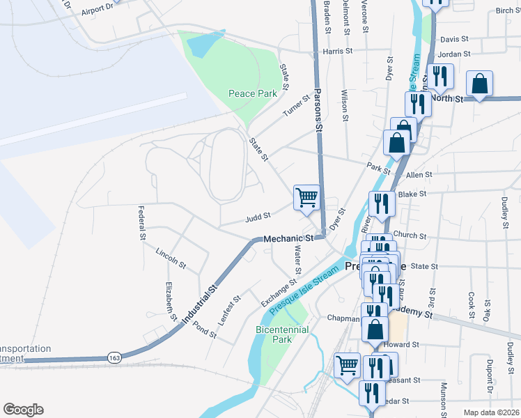 map of restaurants, bars, coffee shops, grocery stores, and more near 23 Judd Street in Presque Isle