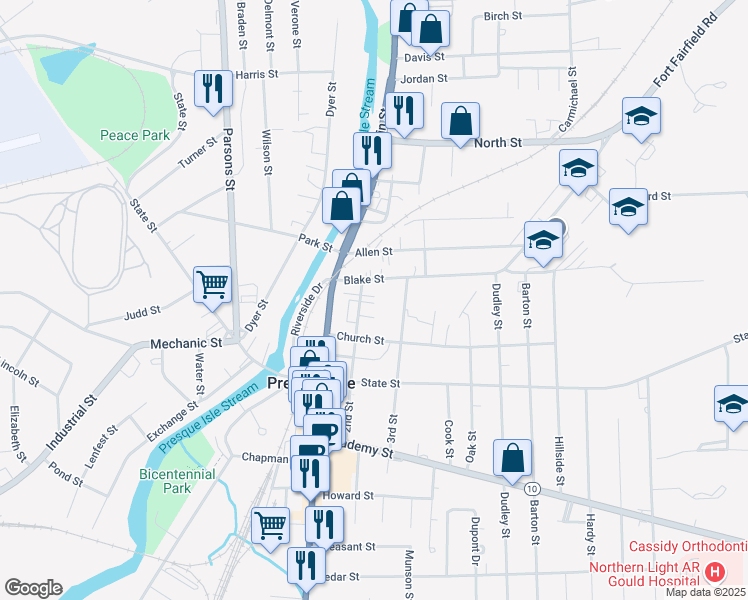 map of restaurants, bars, coffee shops, grocery stores, and more near 11 2nd Street in Presque Isle