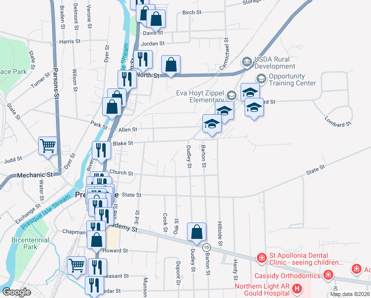 map of restaurants, bars, coffee shops, grocery stores, and more near 53 Blake Street in Presque Isle