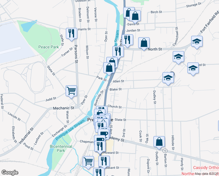 map of restaurants, bars, coffee shops, grocery stores, and more near 612 Main Street in Presque Isle