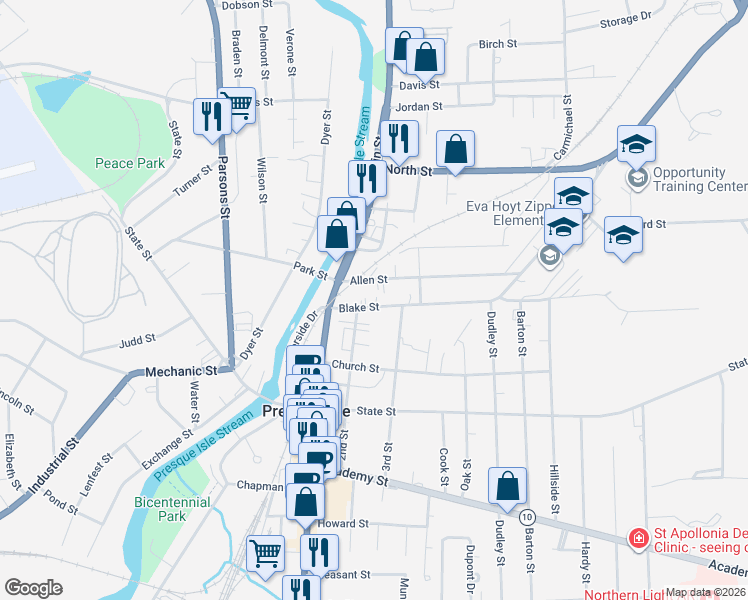 map of restaurants, bars, coffee shops, grocery stores, and more near 15 Blake Street in Presque Isle