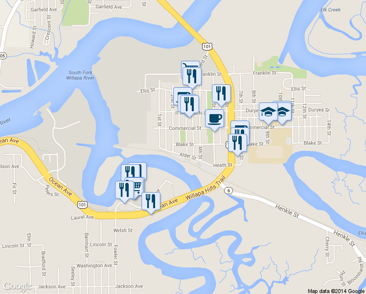 map of restaurants, bars, coffee shops, grocery stores, and more near 120 3rd Street in Raymond