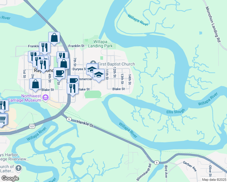 map of restaurants, bars, coffee shops, grocery stores, and more near 1112 Blake Street in Raymond
