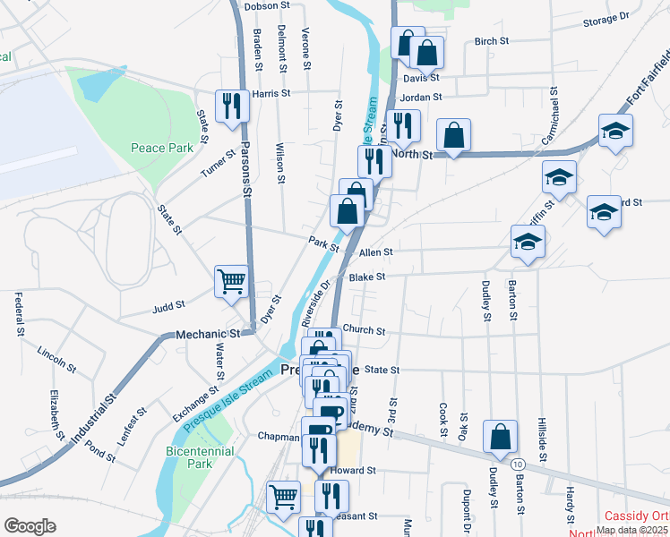 map of restaurants, bars, coffee shops, grocery stores, and more near 612 Main Street in Presque Isle