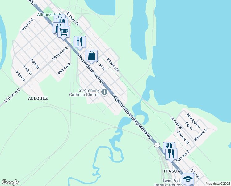 map of restaurants, bars, coffee shops, grocery stores, and more near 4319 U.S. 53 in Superior