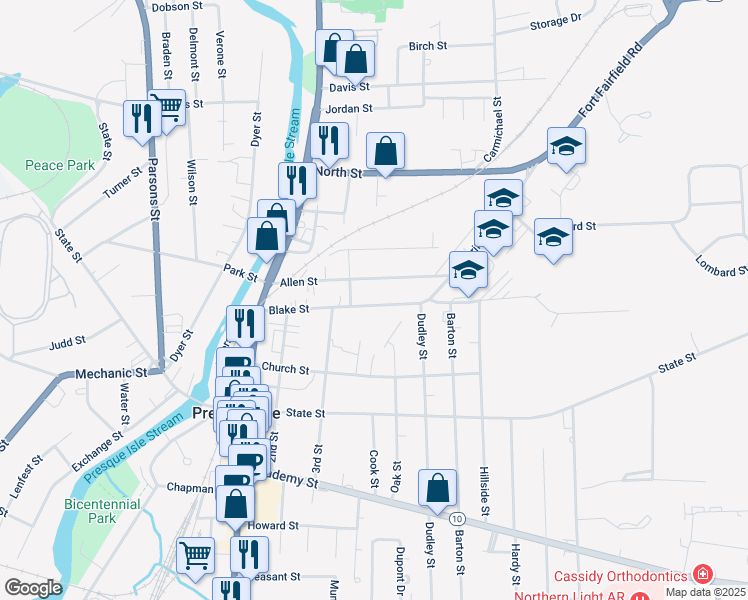 map of restaurants, bars, coffee shops, grocery stores, and more near 41 Blake Street in Presque Isle