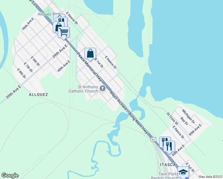 map of restaurants, bars, coffee shops, grocery stores, and more near 4319 U.S. 53 in Superior