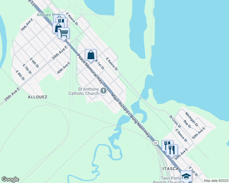 map of restaurants, bars, coffee shops, grocery stores, and more near 4319 U.S. 53 in Superior