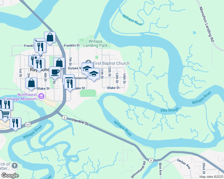 map of restaurants, bars, coffee shops, grocery stores, and more near 1112 Blake Street in Raymond