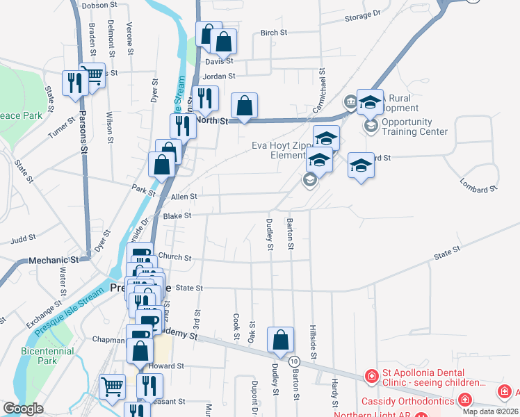 map of restaurants, bars, coffee shops, grocery stores, and more near 53 Blake Street in Presque Isle