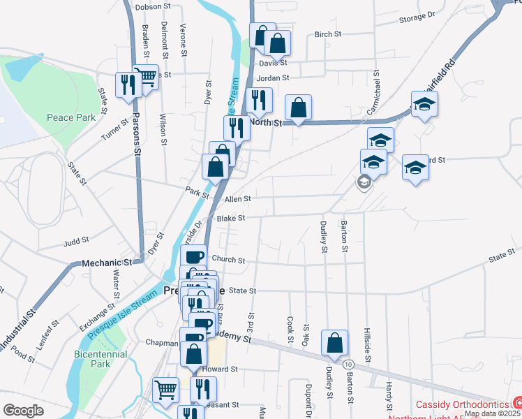 map of restaurants, bars, coffee shops, grocery stores, and more near 27 Blake Street in Presque Isle