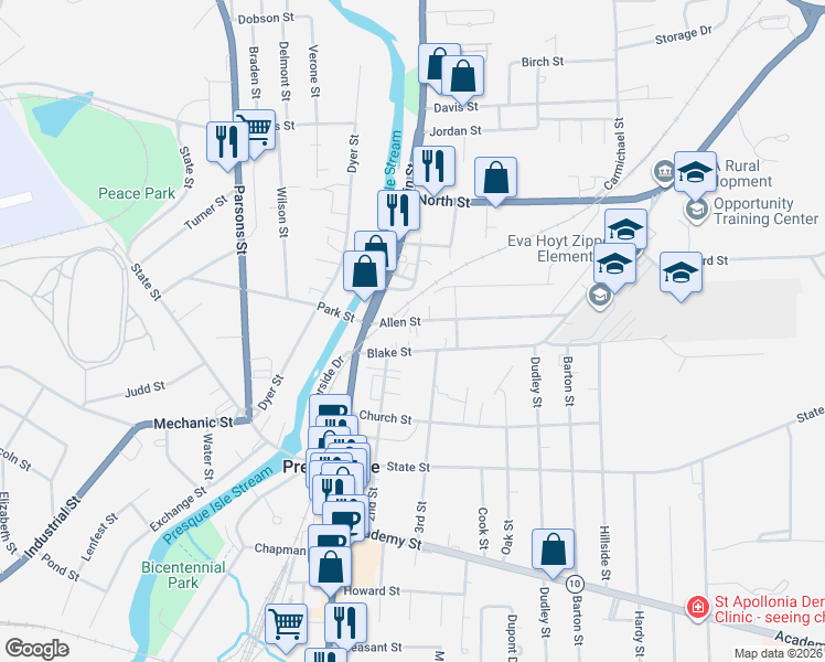 map of restaurants, bars, coffee shops, grocery stores, and more near 15 Blake Street in Presque Isle