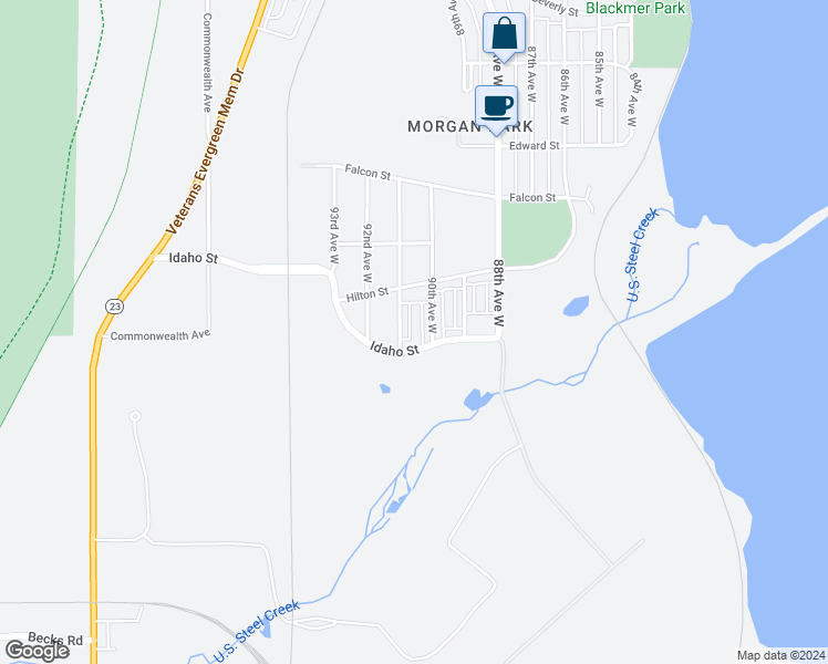 map of restaurants, bars, coffee shops, grocery stores, and more near 1454 91st Avenue West in Duluth