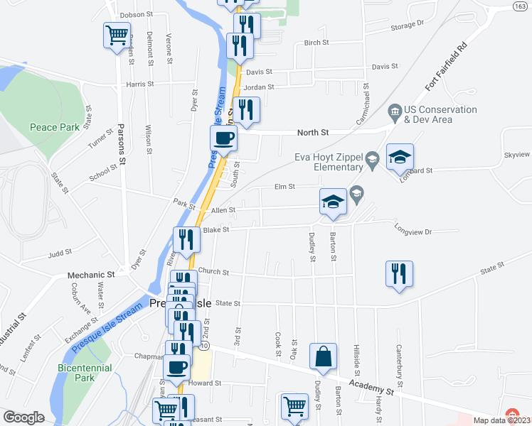 map of restaurants, bars, coffee shops, grocery stores, and more near 41 Blake Street in Presque Isle