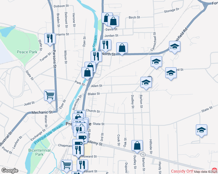 map of restaurants, bars, coffee shops, grocery stores, and more near 27 Blake Street in Presque Isle
