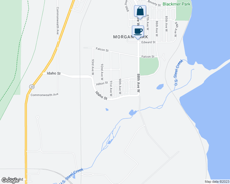 map of restaurants, bars, coffee shops, grocery stores, and more near 1446 91st Avenue West in Duluth