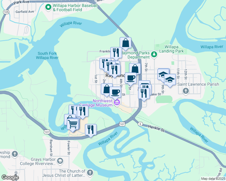 map of restaurants, bars, coffee shops, grocery stores, and more near 120 3rd Street in Raymond