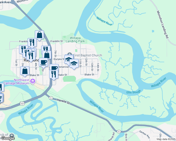 map of restaurants, bars, coffee shops, grocery stores, and more near 1112 Blake Street in Raymond