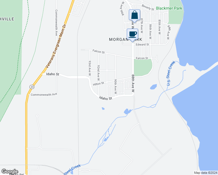 map of restaurants, bars, coffee shops, grocery stores, and more near 1426 91st Avenue West in Duluth