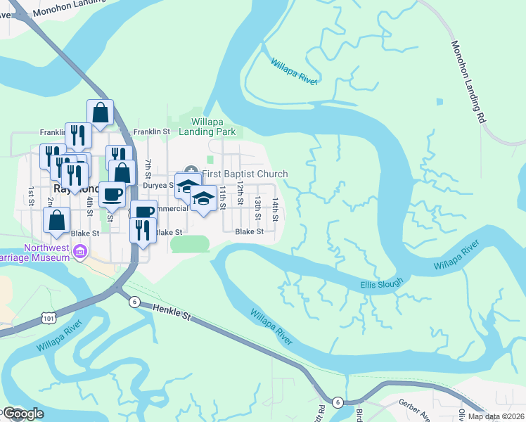 map of restaurants, bars, coffee shops, grocery stores, and more near 313 13th Street in Raymond