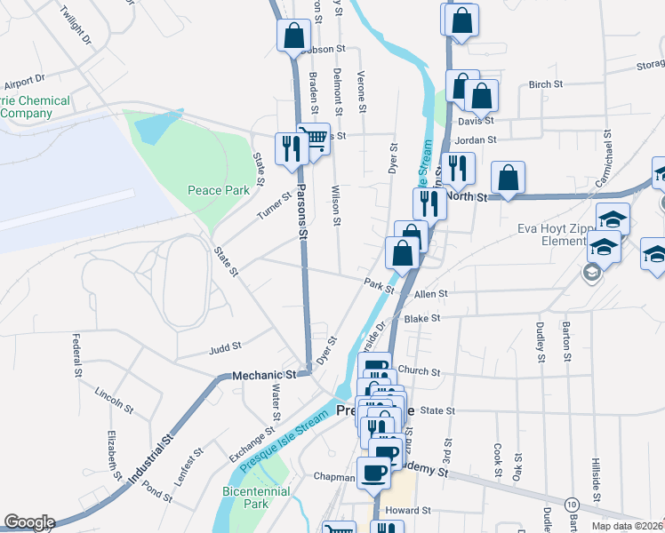 map of restaurants, bars, coffee shops, grocery stores, and more near 6 Wilson Street in Presque Isle