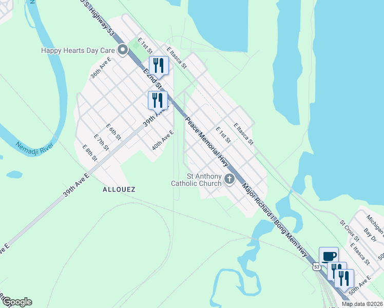 map of restaurants, bars, coffee shops, grocery stores, and more near 4102 East 3rd Street in Superior