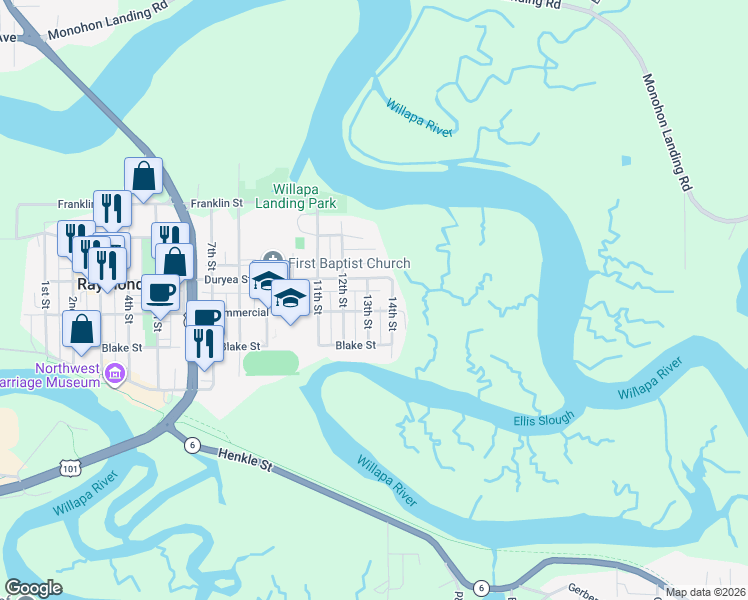 map of restaurants, bars, coffee shops, grocery stores, and more near 313 13th Street in Raymond
