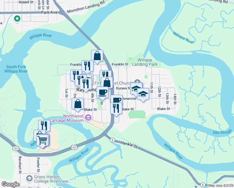 map of restaurants, bars, coffee shops, grocery stores, and more near 318 7th Street in Raymond