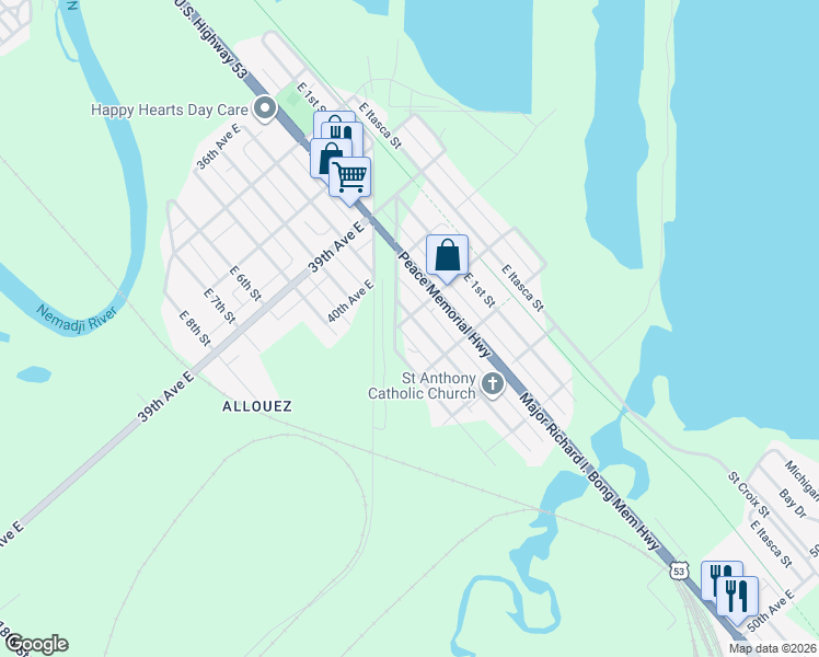 map of restaurants, bars, coffee shops, grocery stores, and more near 4102 East 3rd Street in Superior