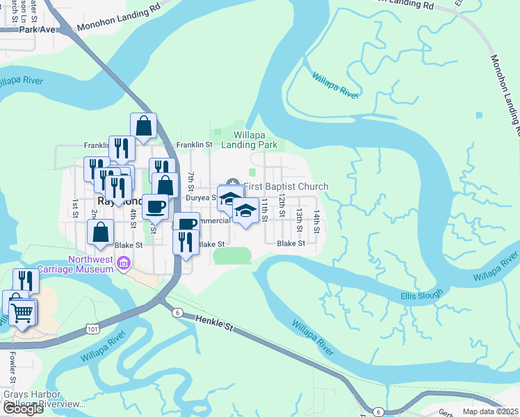map of restaurants, bars, coffee shops, grocery stores, and more near 306 11th Street in Raymond