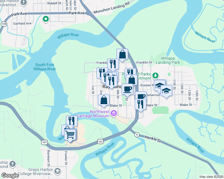 map of restaurants, bars, coffee shops, grocery stores, and more near in Raymond