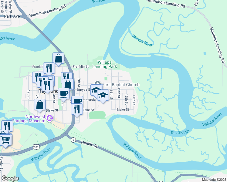 map of restaurants, bars, coffee shops, grocery stores, and more near 306 11th Street in Raymond